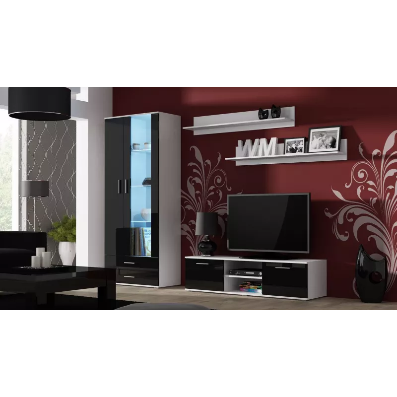 Stolik pod telewizor cama meble SOHO 140 — 1400×430×370 mm, biały blat, płyta wiórowa, biała rama, czarne fronty na wysoki połysk