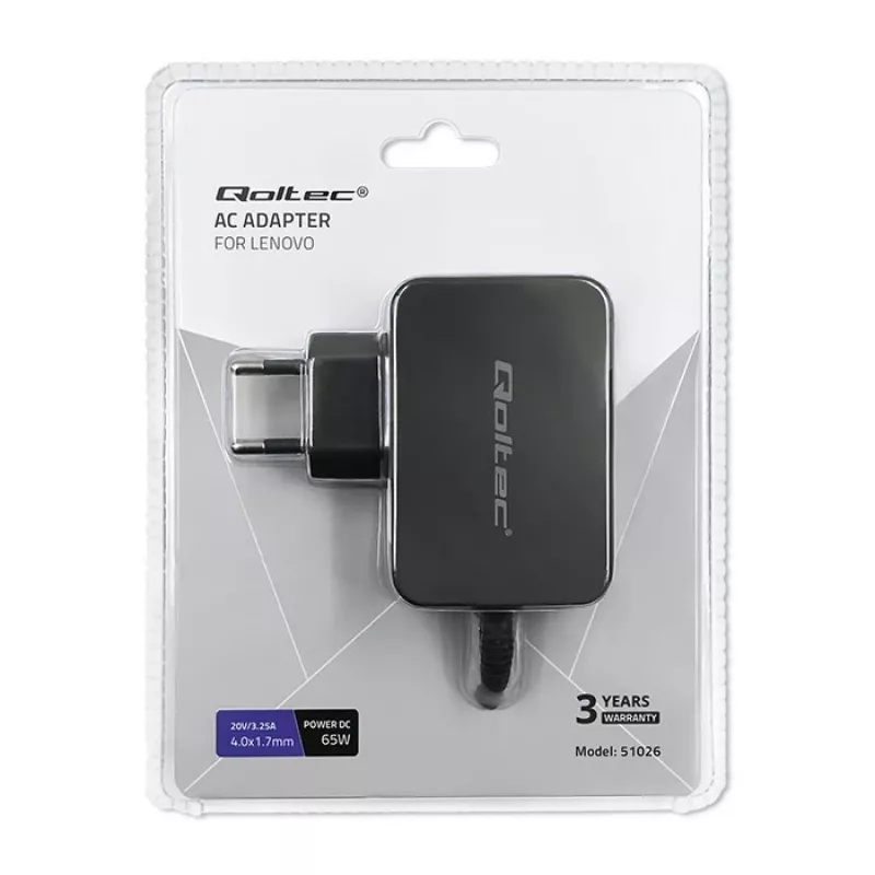 Qoltec 51026 zasilacz/przetwornica do użytku wewnątrz i na zewnątrz 65 W Czarny