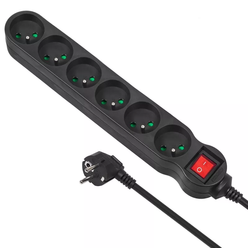 Listwa zasilająca MACLEAN MCE225 — kabel 1,5 m, 6 gniazd AC typu F, wewnętrzna, czarna