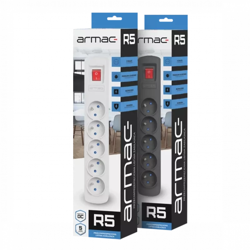 Listwa zasilająca ARMAC R5 — 5 gniazd, kabel 5 m, czarna