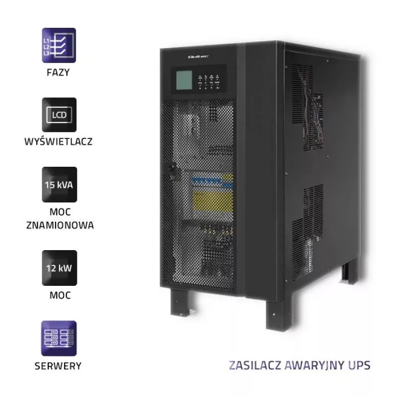 Zasilacz awaryjny QOLTEC 53949 trójfazowy 15 kVA 12 kW z wyświetlaczem LCD