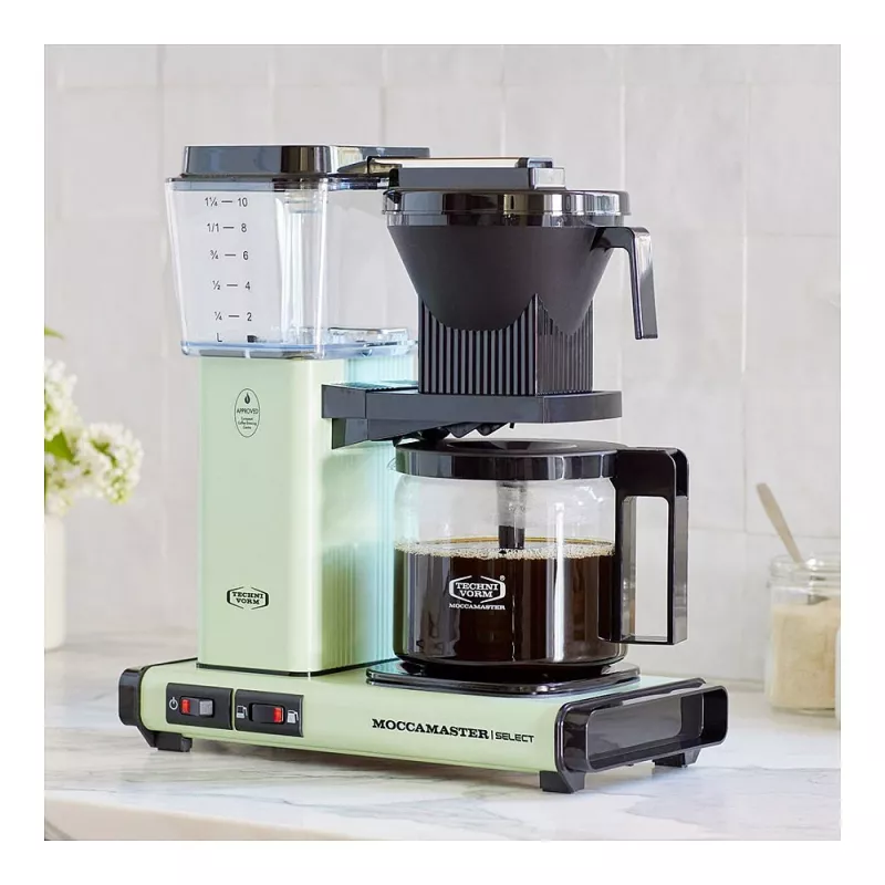 Ekspres przelewowy MOCCAMASTER KBG Select — zbiornik na wodę 1,25 l, pojemność 10 filiżanek, stal nierdzewna, pastelowa zieleń
