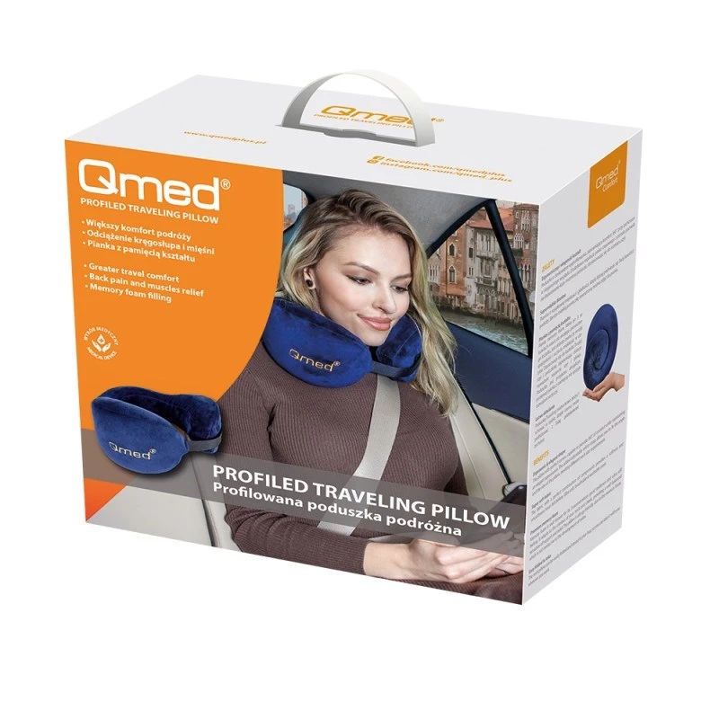 Podróżna poduszka na szyję Qmed DRQE3J1CDXUXP — konturowa ergonomiczna pianka PU, 240×230×125 mm, gęstość 45 kg/m³, granatowa
