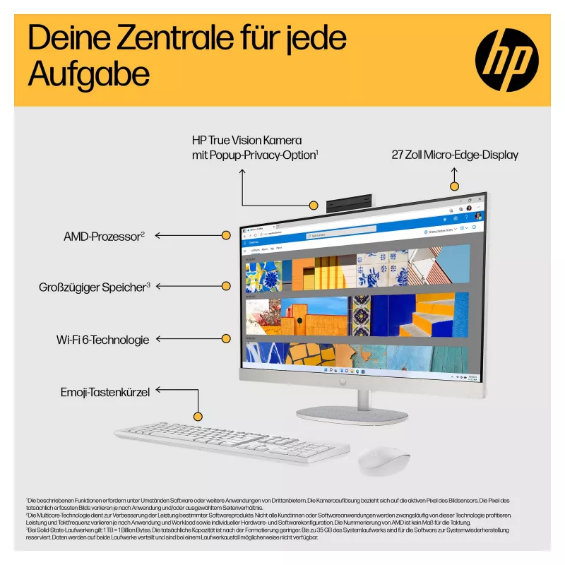 HP 27-cr0471ng - All-in-One (Complete Solution) - Ryzen 7 7730U - RAM 16 GB - SSD 512 GB - NVMe - Radeon Graphics - 1GbE, Wi-Fi 6, Bluetooth - WLAN: 802.11a/b/g/n/ac/ax, Bluetooth