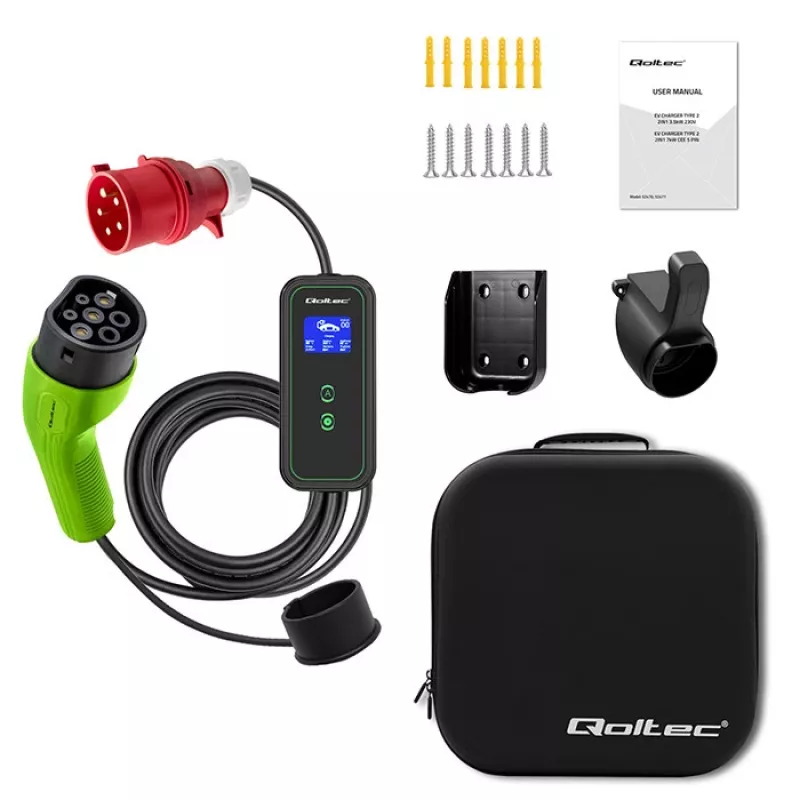 Qoltec Mobilny Ładowarka do EV Samochodowa Regulowana 2w1 Type2 | 11kW | CEE 5 PIN | LCD | 3 fazy | Przenośna | Wallbox | 5m