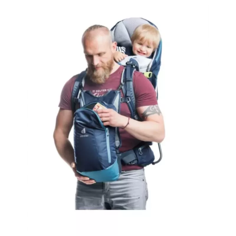 Nosidełko turystyczne Deuter Kid Comfort Pro, niebieskie, poliamid, maks. 22 kg, daszek przeciwsłoneczny, kieszeń boczna