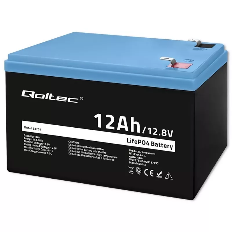 Qoltec LiFePO4 akumulator litowo-żelazowo-fosforanowy 12,8 V 12 Ah 153,6 Wh z BMS