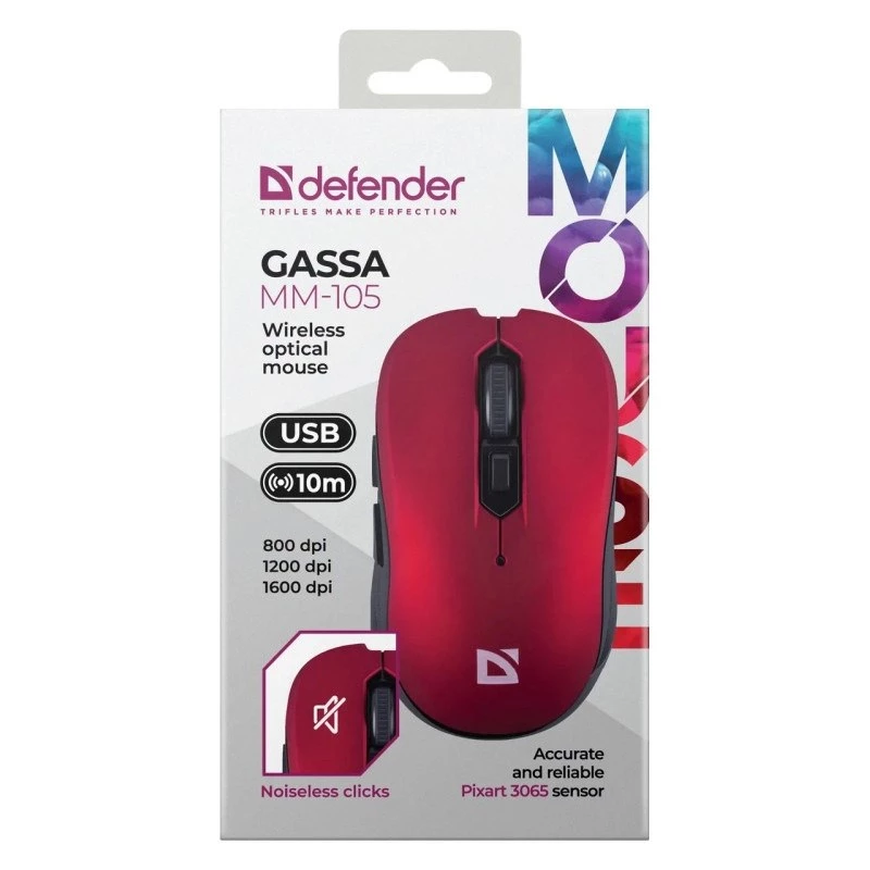 Bezprzewodowa mysz RF z cichymi kliknięciami DEFENDER Gassa MM-105 — symetryczna, 1600 DPI, 2,4 GHz, nanoodbiornik USB
