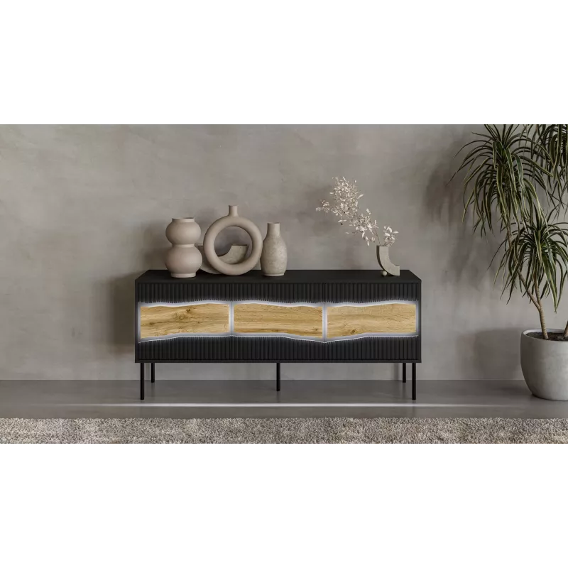 Szafka TV cama meble INSERTO 3D 143,5x40x61,5 cm czarna z LED, blat z płyty wiórowej