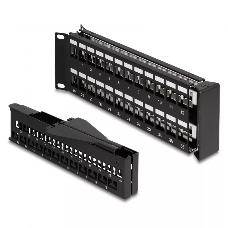 DeLOCK 19-inch Keystone Patch Panel 48 portów z odciążką 2U kątowy czarny