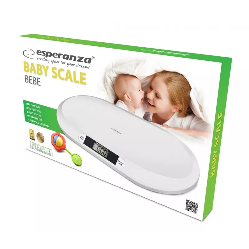 Elektroniczna waga niemowlęca ESPERANZA EBS019 — zakres ważenia 0,03–20 kg, podziałka 0,01 kg, duży wyświetlacz LCD 60×25 mm, biała
