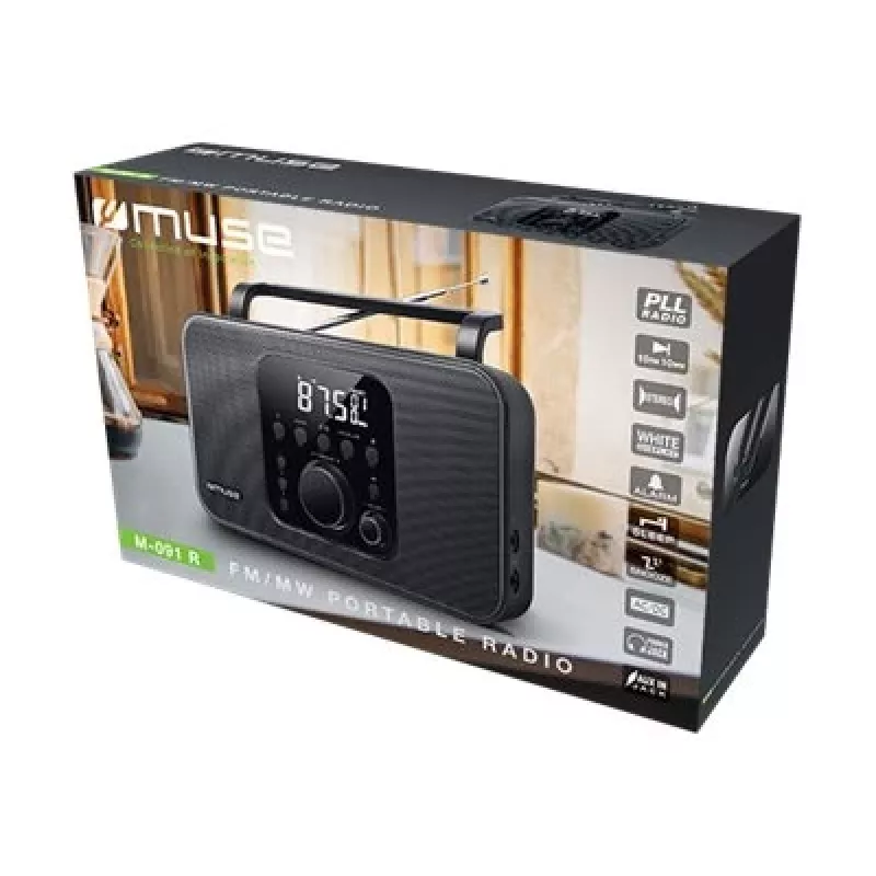 Przenośne radio muse M-091 R — FM/AM, wyświetlacz LCD, zasilanie sieciowe lub baterie AA/D, pokrętło głośności, 1,1 kg, czarny