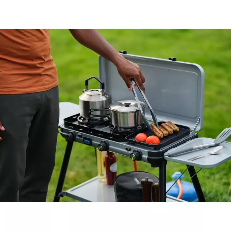 Camping Kitchen 2 Multi Cook Plus, kuchenka gazowa szara, 2 strefy gotowania 2x 1,8 kW + płyta grillowa 0,9 kW, model 2025
