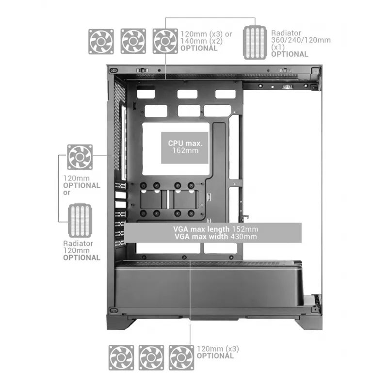 TACENS Mars Gaming MCPRISMA Midi Tower PC case, Czarny, tempered glass, supports ATX/Micro-ATX/Mini-ITX, 2x3.5 inch + 2x2.5 inch bays