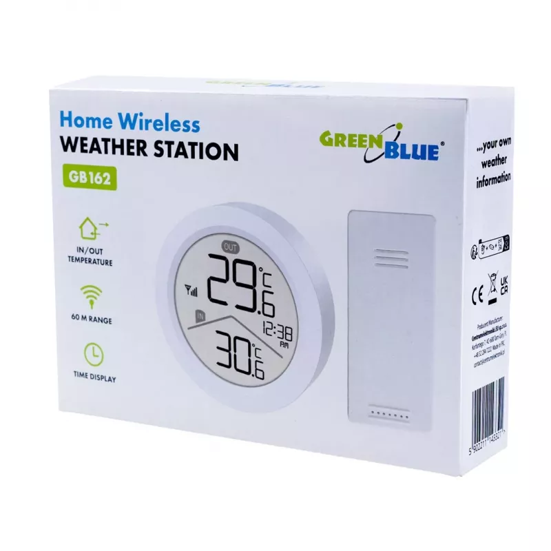 Bezprzewodowa stacja pogodowa GreenBlue, temperatura wewn./zewn., zegar, wybór °C/°F, zasięg do 60 m, GB162