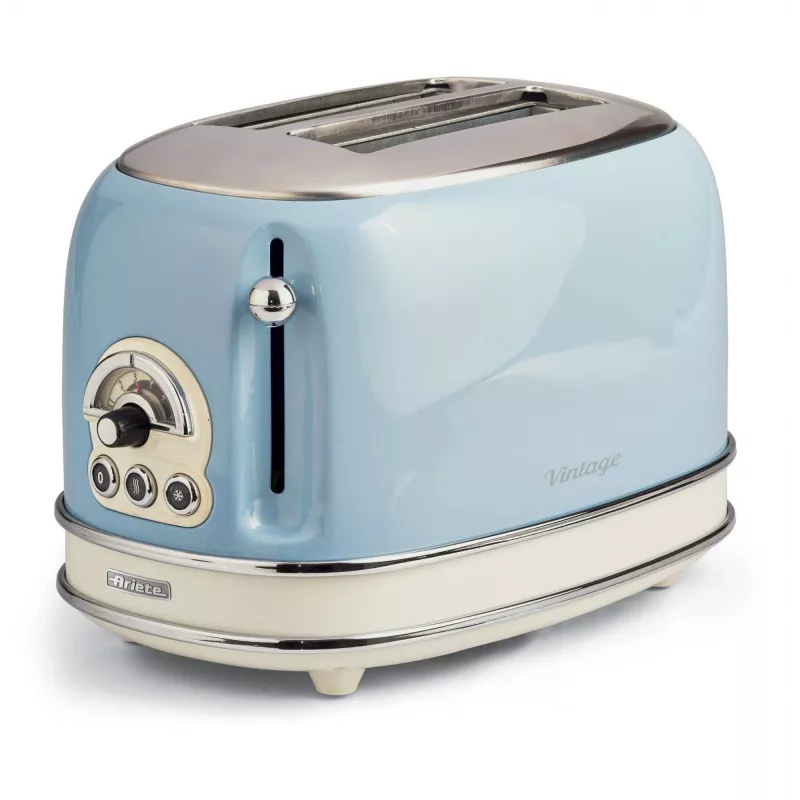 Toster Ariete 155 Design 2 kromki z koszykami do kanapek, 6 stopni opiekania, 810 W, obudowa ze stali nierdzewnej, wyjmowana tacka na okruchy, błękit pastelowy