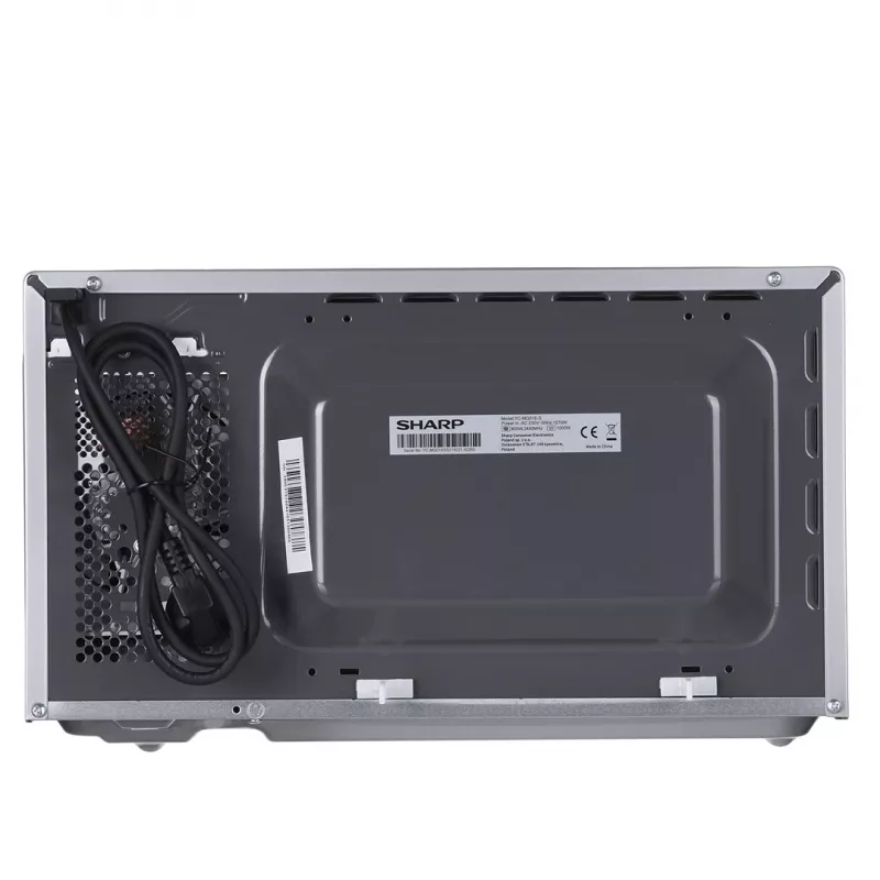 Mikrofalówka kombinowana Sharp YC-MG01E-S — 20 l, 800 W mikrofale, 1000 W grill, 5 poziomów mocy, pokrętło, talerz obrotowy 25,5 cm