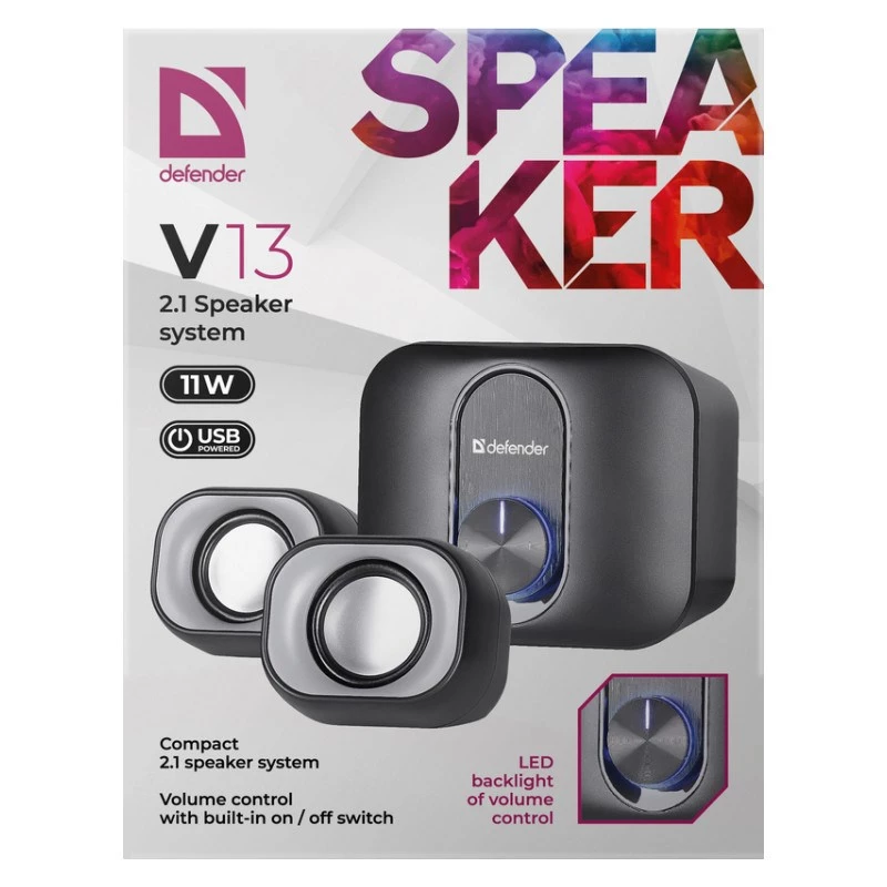 Głośniki komputerowe 2.1 DEFENDER V13 — 11W RMS (6W satelity, 5W subwoofer), zasilanie USB, wejście 3,5 mm, czarne