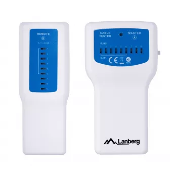 Tester PoE LANBERG NT-0402 — tester kabli sieciowych PoE z obsługą RJ-45/RJ-11, wskaźnikami LED, diodą zasilania, włącznikiem/wyłącznikiem