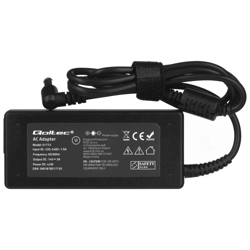 Ładowarka do urządzeń mobilnych QOLTEC 51773, 42 W, 14 V 3 A, wejście 220–240 V 50/60 Hz, czarna, kabel 1,19 m