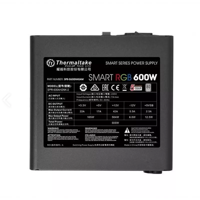 Thermaltake SMART RGB PS-SPR-0600NHSAWE-1 - Zasilacz (wewnętrzny) - ATX12V 2.3 - 80 PLUS - AC 230 V - 600 W - aktywny PFC - Czarny