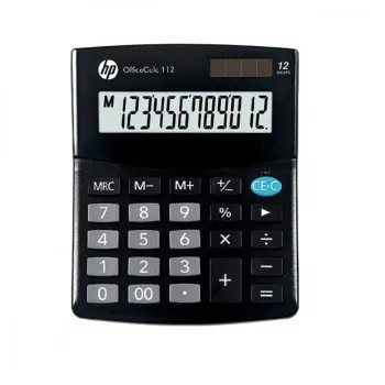Kalkulator biurkowy HP OC 112 — 12-cyfrowy LCD, bateria/solarny, czarny, 101×125×33 mm