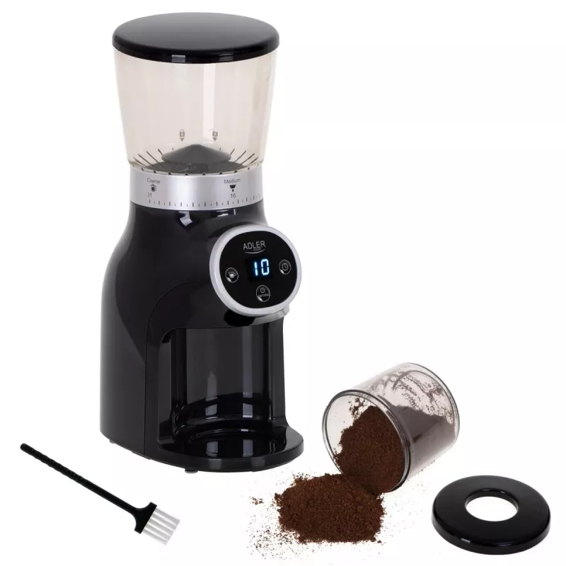 Profesjonalny młynek do kawy, stalowe żarna, 31 ustawień mielenia, Café 90g/m, Adler, AD4450, 300, Czarny