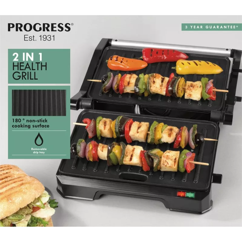 Elektryczny grill zdrowotny 2-w-1 Progress EK5854PVDE z nieprzywierającymi płytami i regulacją temperatury