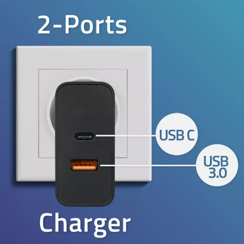 Qoltec 52381 Super Quick PD charger | 1xUSB-C | 1xUSB | 90W | 5-20V | 2.4-4.35A | Czarny