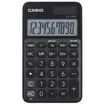 Kalkulator podstawowy CASIO SL-310UC-BK — 10-cyfrowy, bateria/ogniwo słoneczne, funkcje podatkowe i marży, rozmiar kieszonkowy (70×118×8,4 mm), czarny