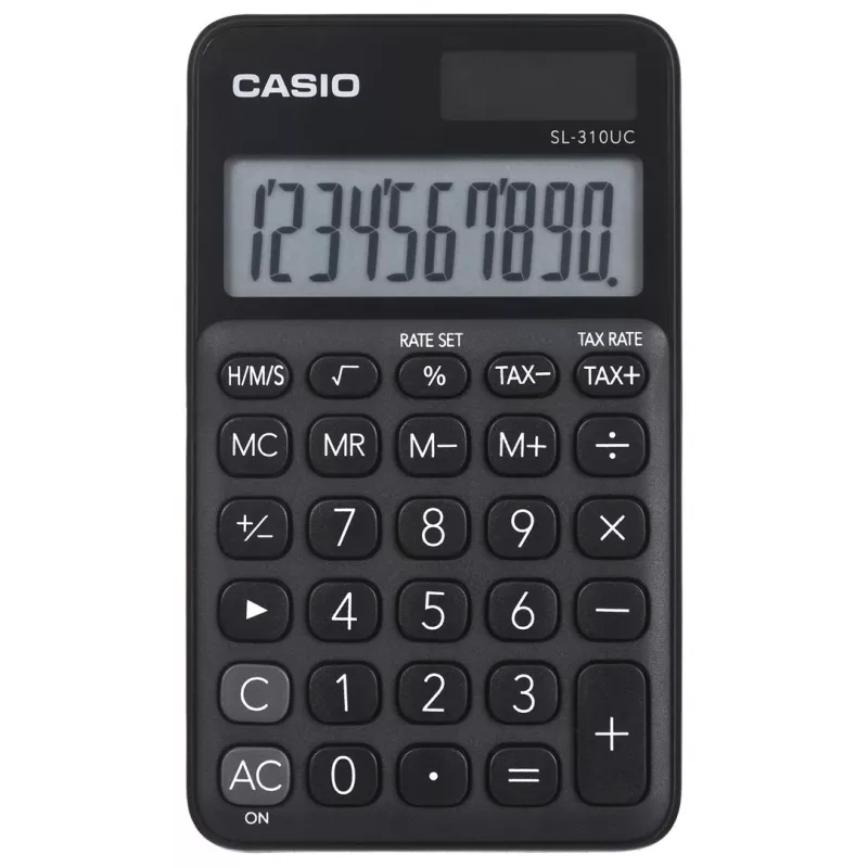 Kalkulator podstawowy CASIO SL-310UC-BK — 10-cyfrowy, bateria/ogniwo słoneczne, funkcje podatkowe i marży, rozmiar kieszonkowy (70×118×8,4 mm), czarny