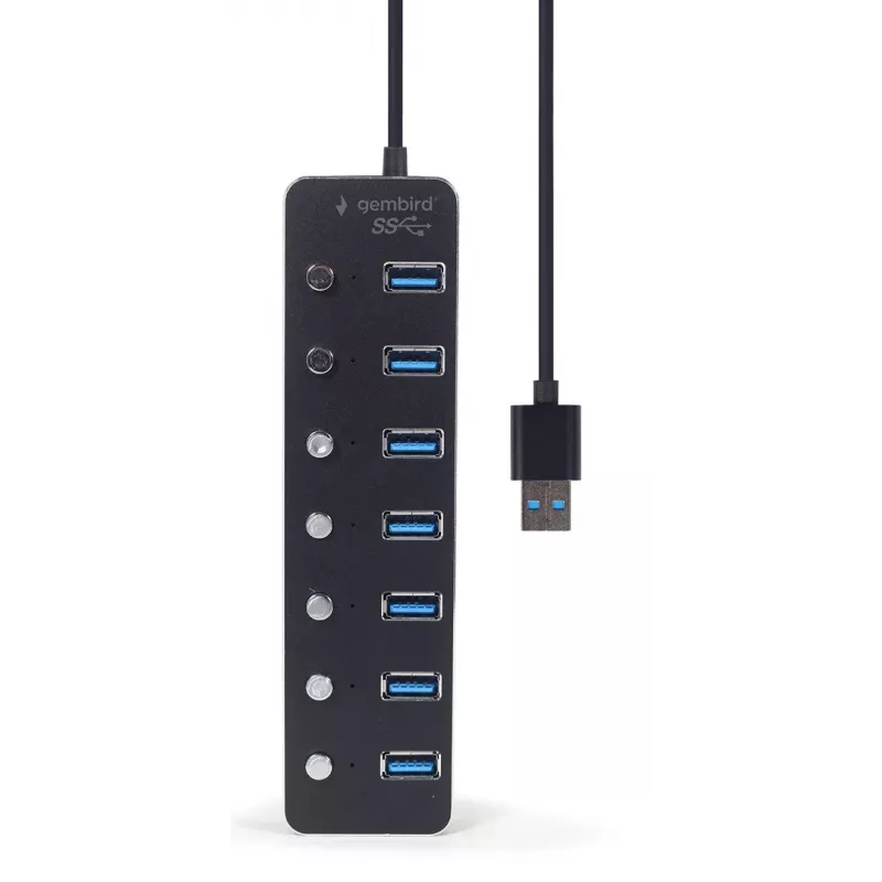 Koncentrator USB Gembird UHB-U3P7P-01, 7-portowy USB 3.2 Gen 1 (Type-A), kabel 0,24 m, czarny