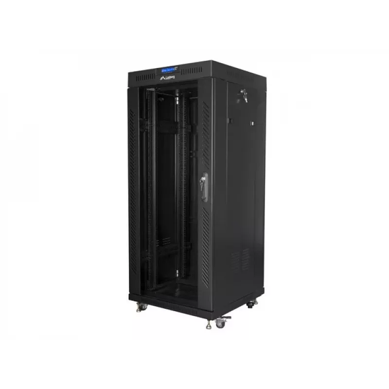 Szafa rack wolnostojąca LANBERG FF01-6627-12BL 19 cali 27U 600x600 mm szklane drzwi, udźwig 800 kg