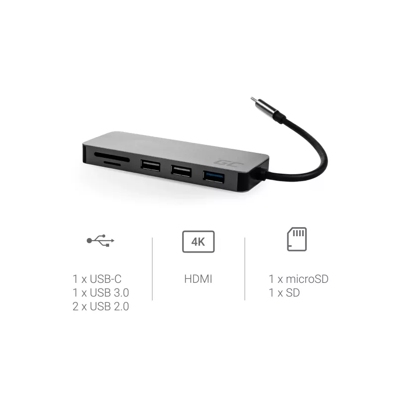 Green Cell AK50 - USB 3.2 Gen 1 (3.1 Gen 1) Type-C - USB 2.0 - USB 3.2 Gen 1 (3.1 Gen 1) Type-A - USB 3.2 Gen 1 (3.1 Gen 1) Type-C - MicroSD (TransFlash) - SD - Srebrny - Apple MacB