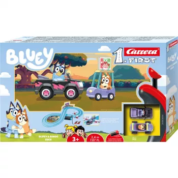 Tor wyścigowy CARRERA FIRST Bluey & Bingo Race dla dzieci – zestaw startowy slot car
