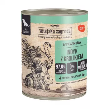 Mokra karma dla psa wiejskazagroda Indyk z Królikiem 800 g — pełnoporcjowa karma w puszce z indykiem i królikiem