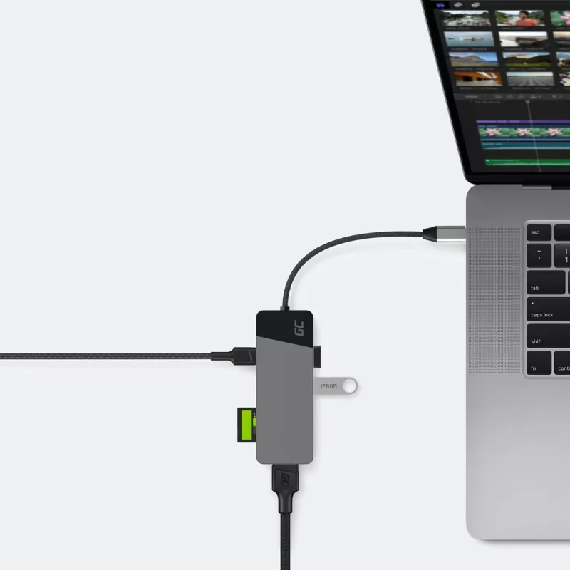 Hub USB Type‑C zielony Cell HUBGC01 — 7 portów: 3×USB‑A 3.2 Gen 1, 1×USB‑C 3.2 Gen 1, HDMI, czytnik microSD+SD — srebrny