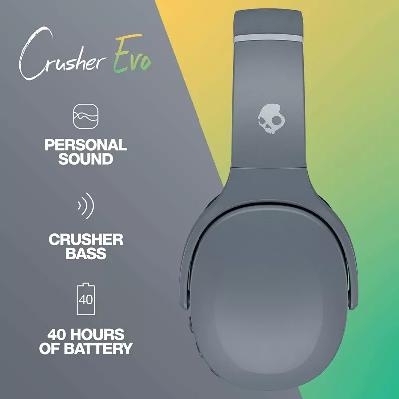 Słuchawki Skullcandy Crusher Evo — przewodowe i Bluetooth, szary, 40 h odtwarzania, USB-C, AUX, składane