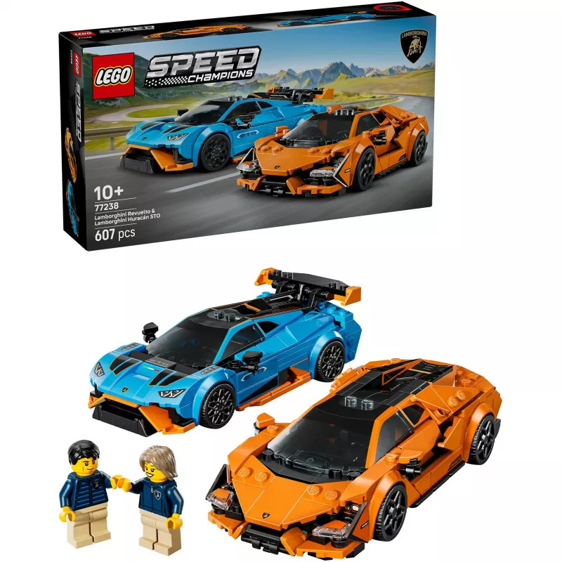 Klocki konstrukcyjne LEGO Speed Champions zestaw 77238 — Lamborghini Revuelto & Huracán STO, 607 elementów, 2 minifigurki, zalecany wiek 10+