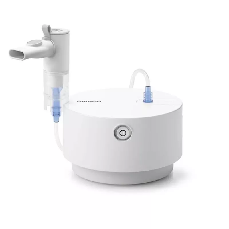 Nebulizator stołowy Omron C28P o wydajności 10 ml/min, wielkości cząstek 2,65 µm, biały, wymiary 265×195×143 mm