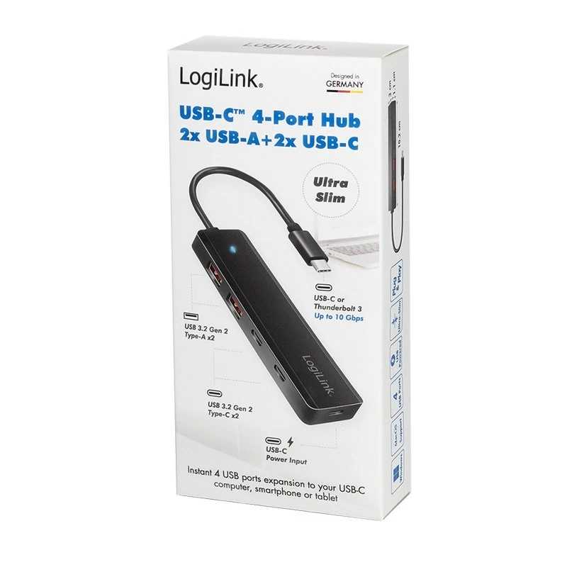 Hub USB-C, 4-porty 2x USB-A, 2x USB-C, Czarny