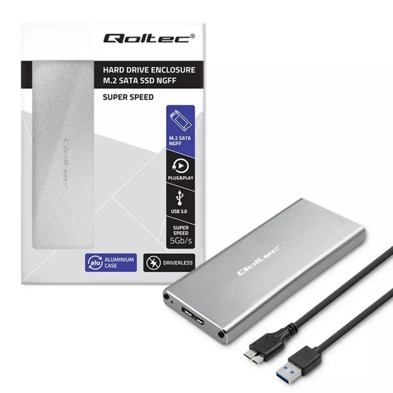 Aluminiowa obudowa QOLTEC 51833 dla dysku M.2 SSD, SATA na USB 3.0, obsługa do 2 TB