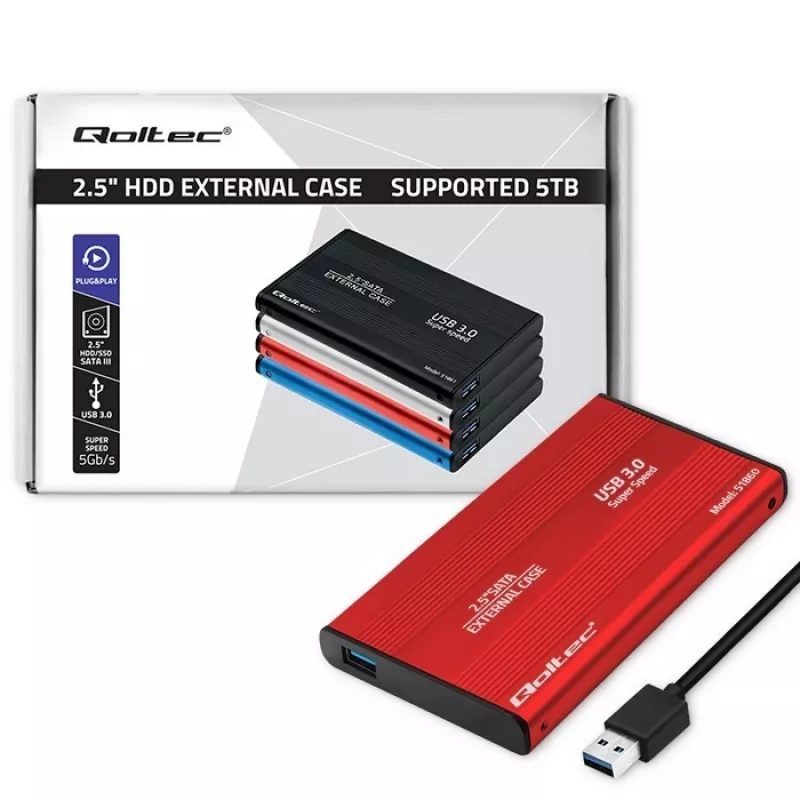 Obudowa HDD/SSD QOLTEC 51860 na dyski 2,5 cala SATA III, USB Type-A, 5 Gbit/s, aluminium, czerwona