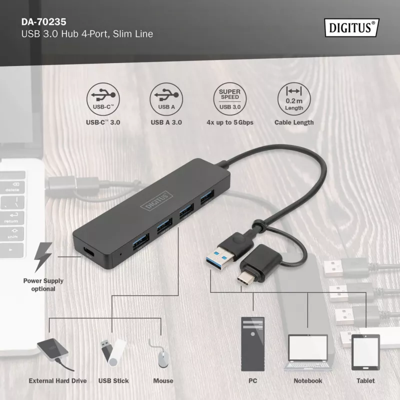 Koncentrator USB, Digitus, DA-70235, 4-portowy, USB 3.2 Gen 1, Typ-A i Typ-C, 12000 Mbit/s