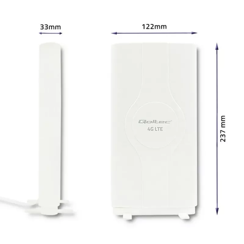 Antena dookólna QOLTEC 57013, 0,6–2,7 GHz, 30 dBi, polaryzacja pionowa, 50 Ω, biała obudowa ABS