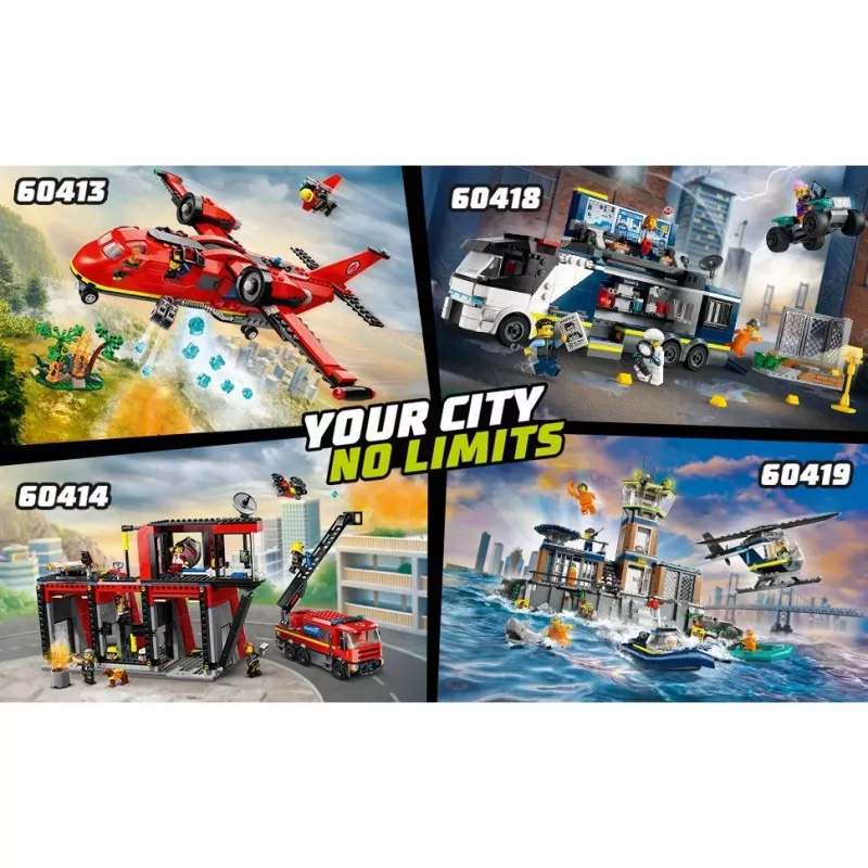 Zabawka konstrukcyjna LEGO City Remiza strażacka z pojazdem z drabiną obrotową 60414 — 843 elementy, 5 minifigurek, 220×320×140 mm