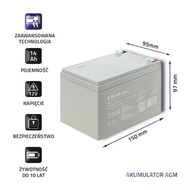 Qoltec 53045 akumulator AGM 12V 14Ah