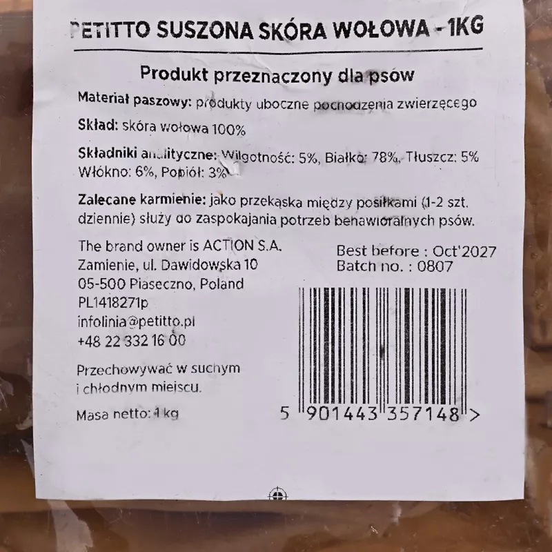 Przysmaki dla psów PETITTO suszona skóra wołowa, opakowanie 1 kg