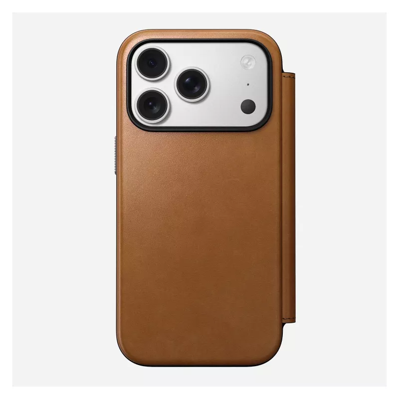 Etui z klapką Nomad Modern Leather Folio do iPhone 17 Pro, skóra + aluminium, 6,3 cala (16 cm), Tan, 3 kieszenie na karty