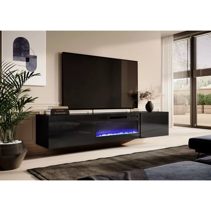 Szafka RTV Cama Meble SLIDE 200K z kominkiem elektrycznym 200×40×37 cm czarny połysk, fronty MDF, korpus z płyty wiórowej